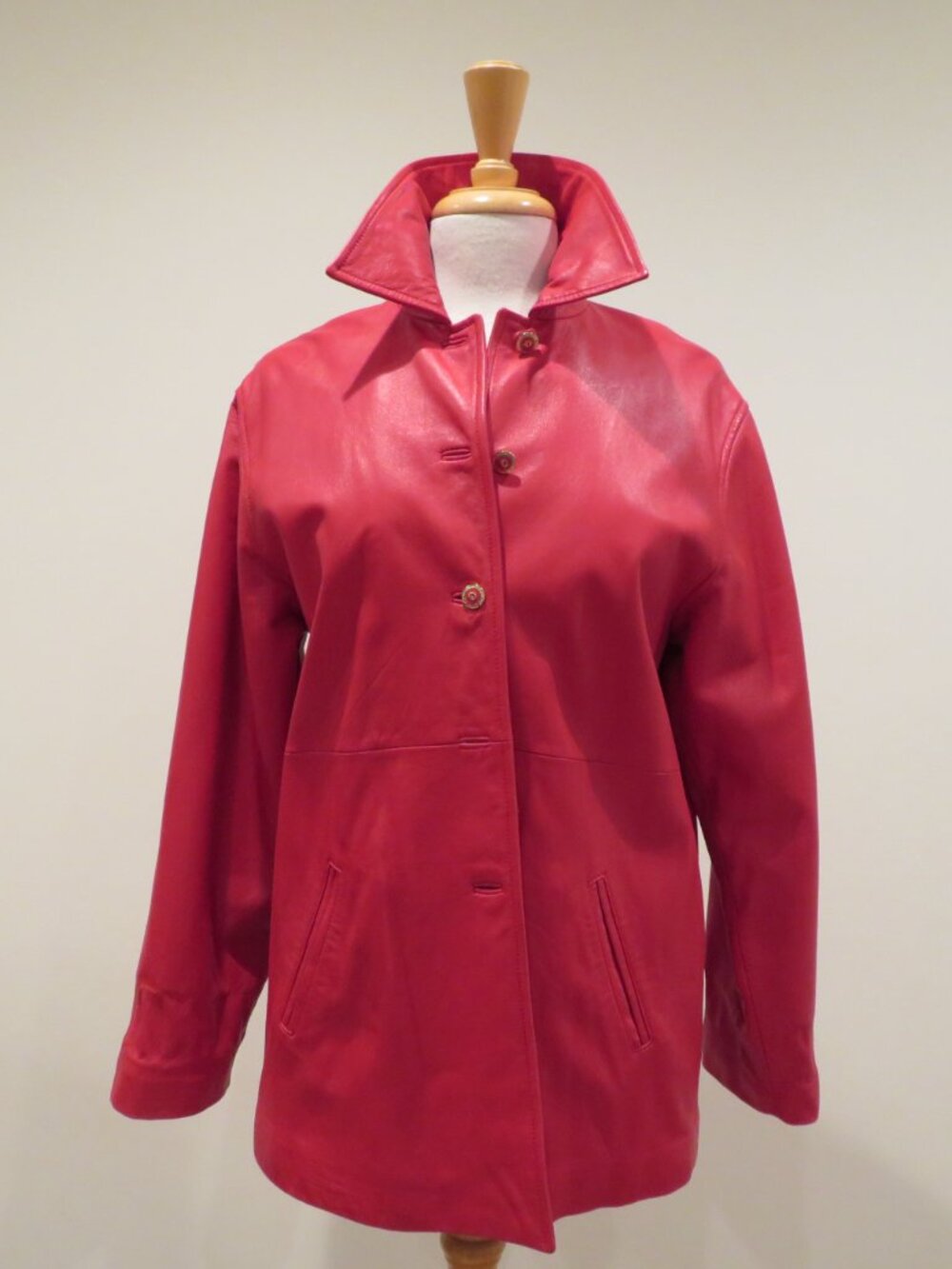 St John Sport Red Leather Jacket Petite Gold Button Coat
